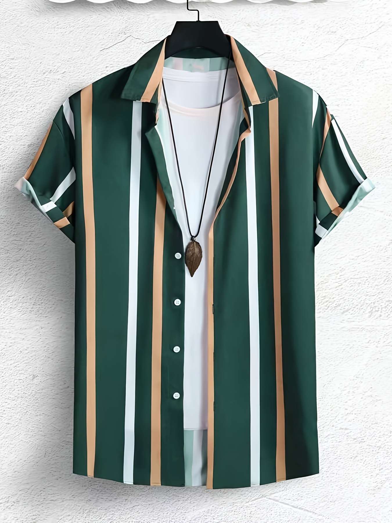 mens stripe turndown collar short sleeve shirt trendy comfy shirt for summer details 0