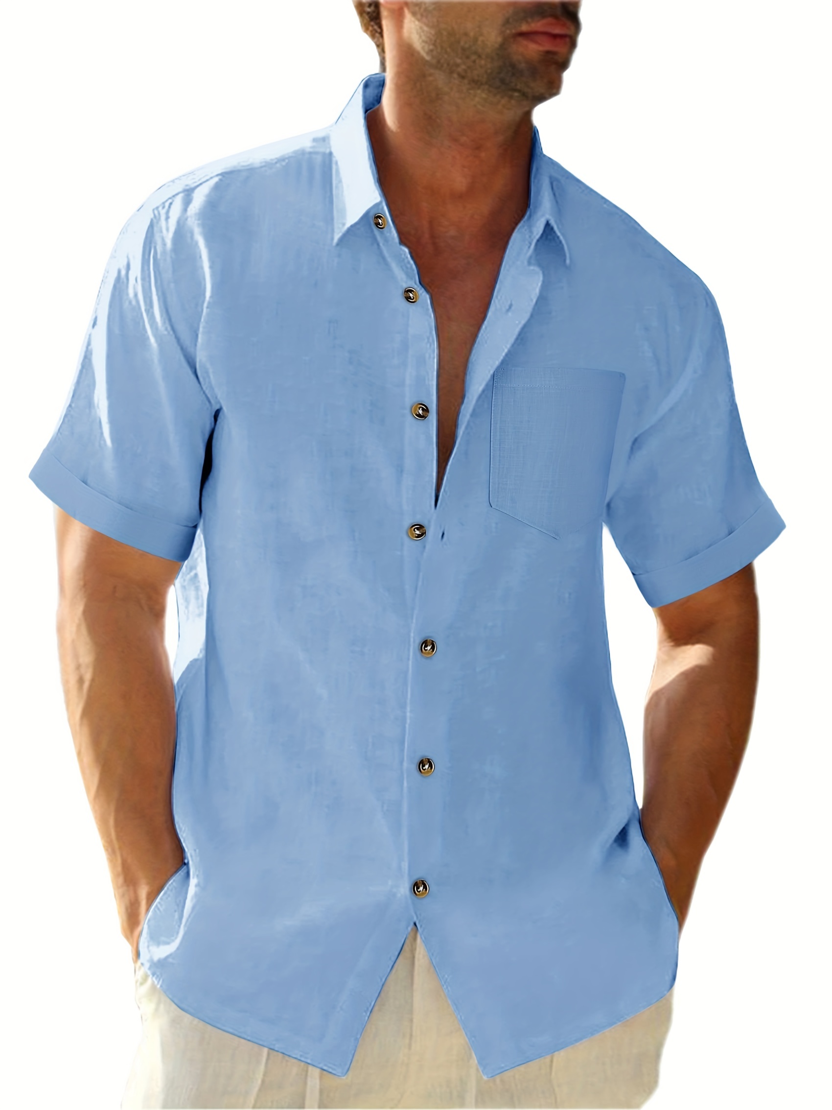 solid mens casual summer short sleeve button down shirts gift for men details 0