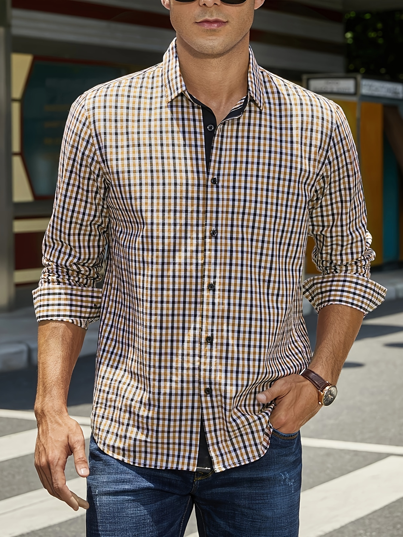 plaid pattern mens cotton casual long sleeve button up shirt mens leisurewear spring fall outdoor details 45