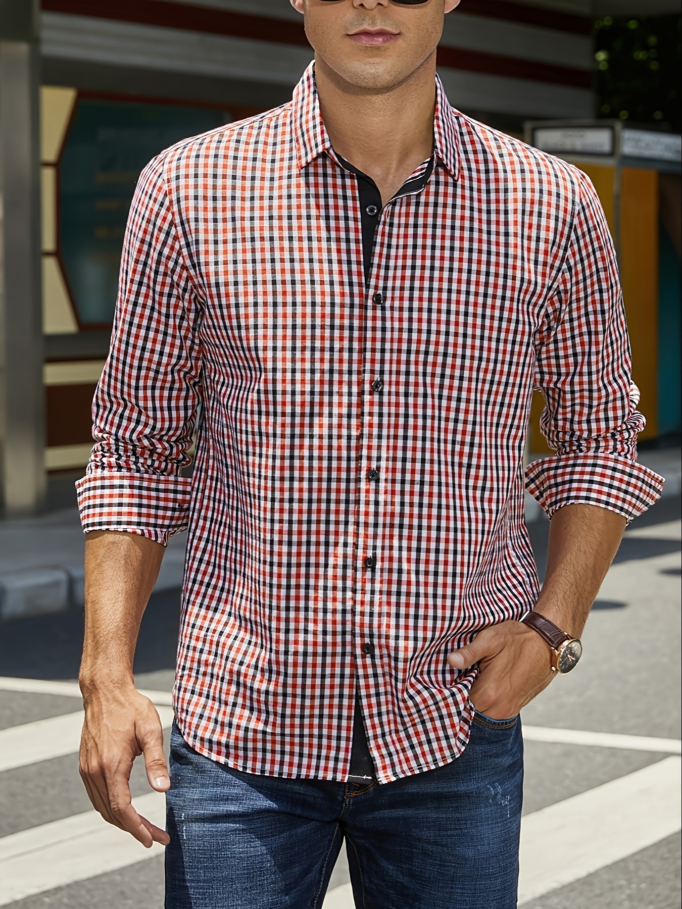 plaid pattern mens cotton casual long sleeve button up shirt mens leisurewear spring fall outdoor details 52