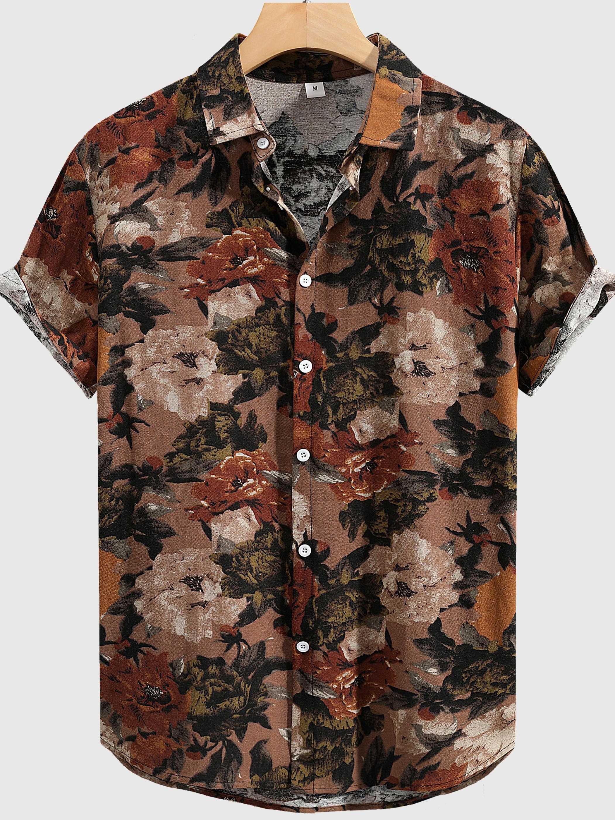 mens stylish loose cotton blend floral print shirt casual breathable lapel button up short sleeve shirt for summer outdoor activities details 0
