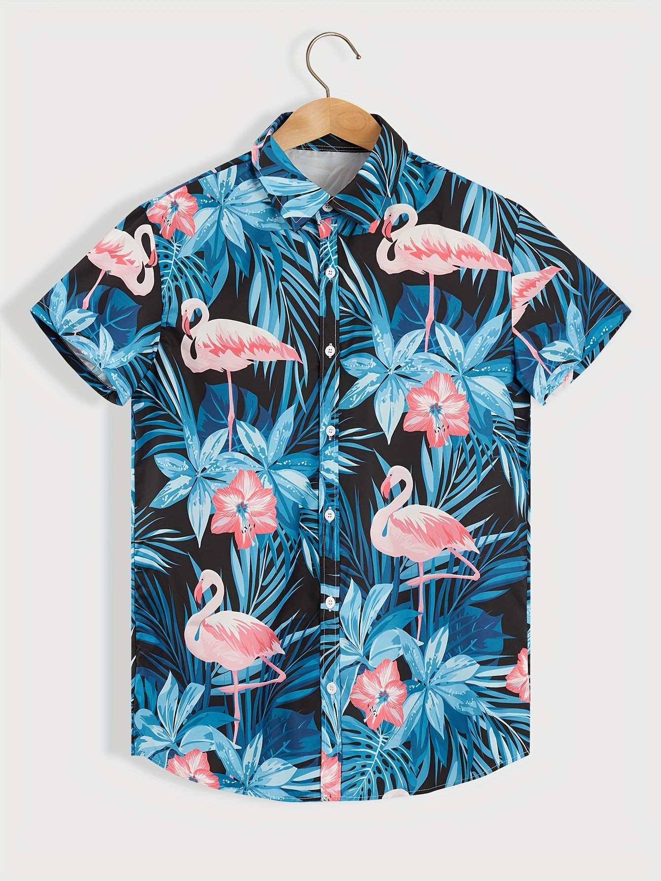 trendy flamingo print mens casual short sleeve hawaiian shirt mens shirt for summer vacation resort tops for men gift for men details 0