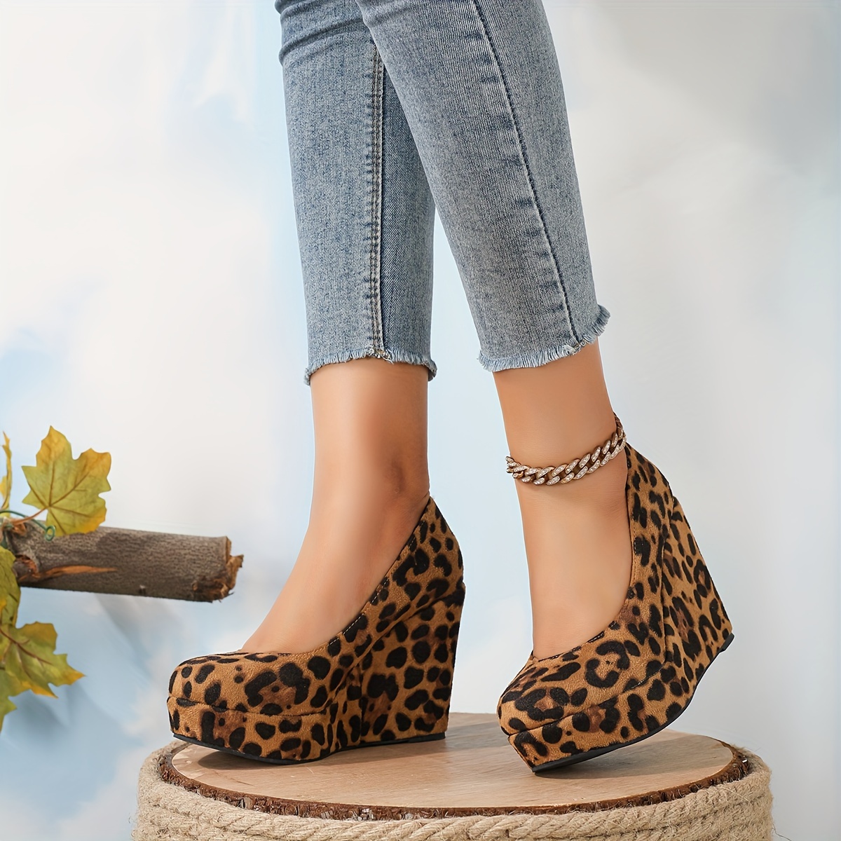 womens leopard print wedge heels retro soft sole slip on platform high heels comfortable party pumps details 2