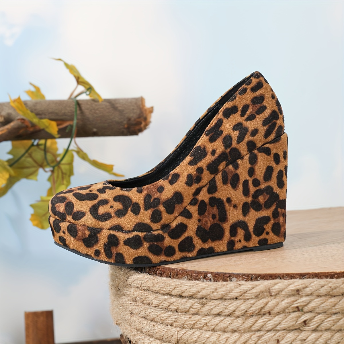 womens leopard print wedge heels retro soft sole slip on platform high heels comfortable party pumps details 3