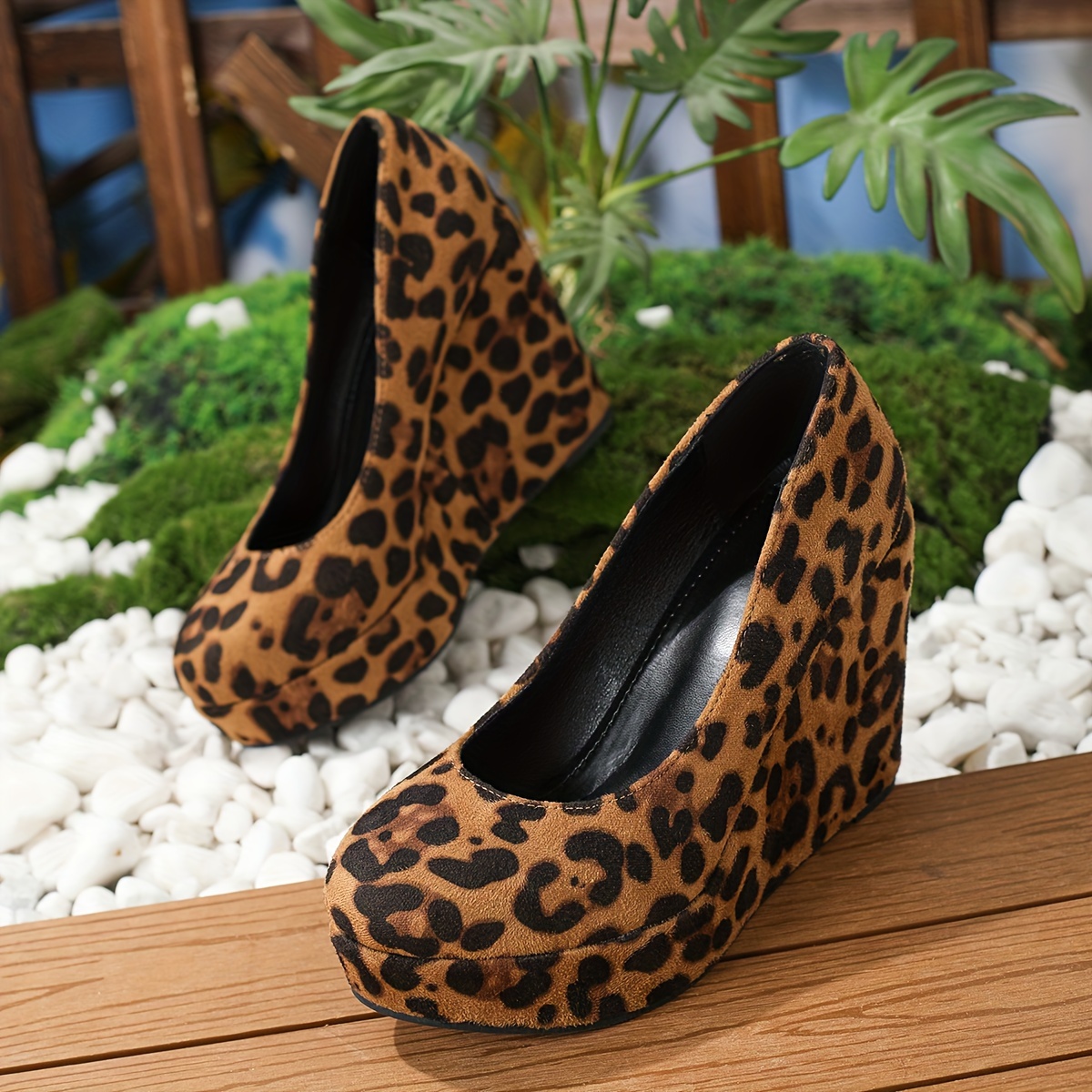 womens leopard print wedge heels retro soft sole slip on platform high heels comfortable party pumps details 6