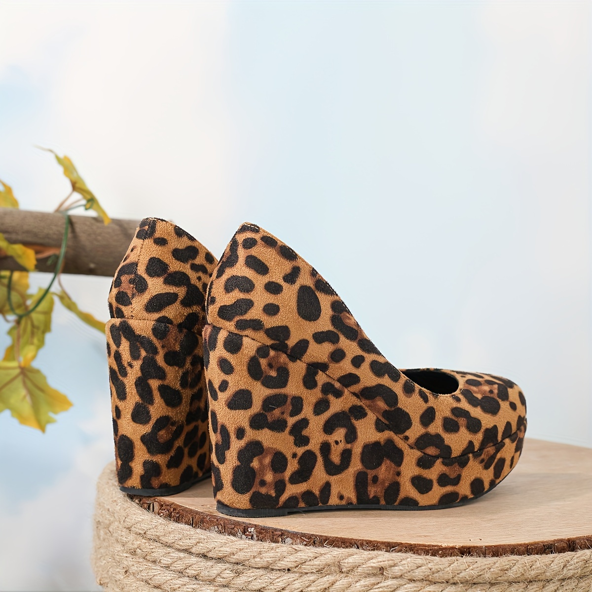 womens leopard print wedge heels retro soft sole slip on platform high heels comfortable party pumps details 7