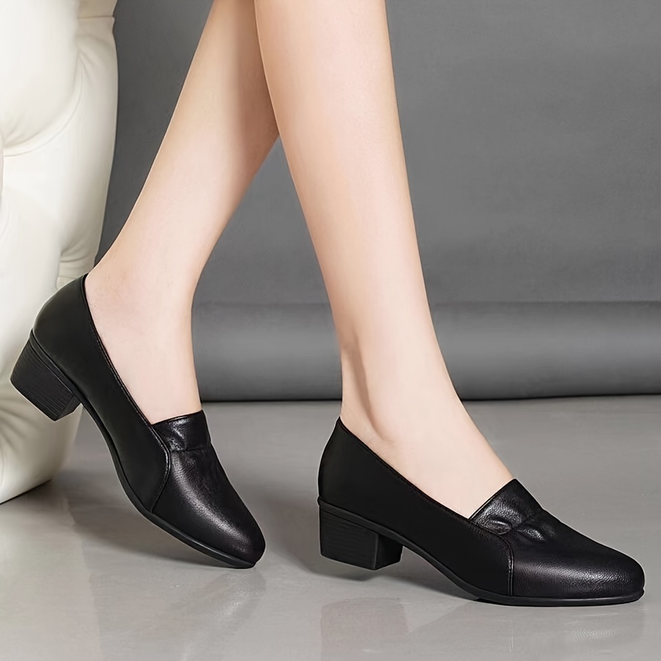 womens solid color court pumps all match slip on chunky low heels casual office work shoes details 0