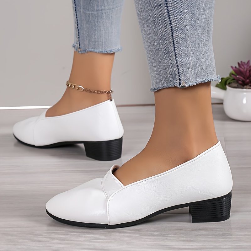 womens solid color court pumps all match slip on chunky low heels casual office work shoes details 3