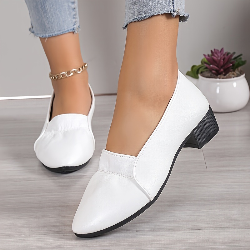 womens solid color court pumps all match slip on chunky low heels casual office work shoes details 5