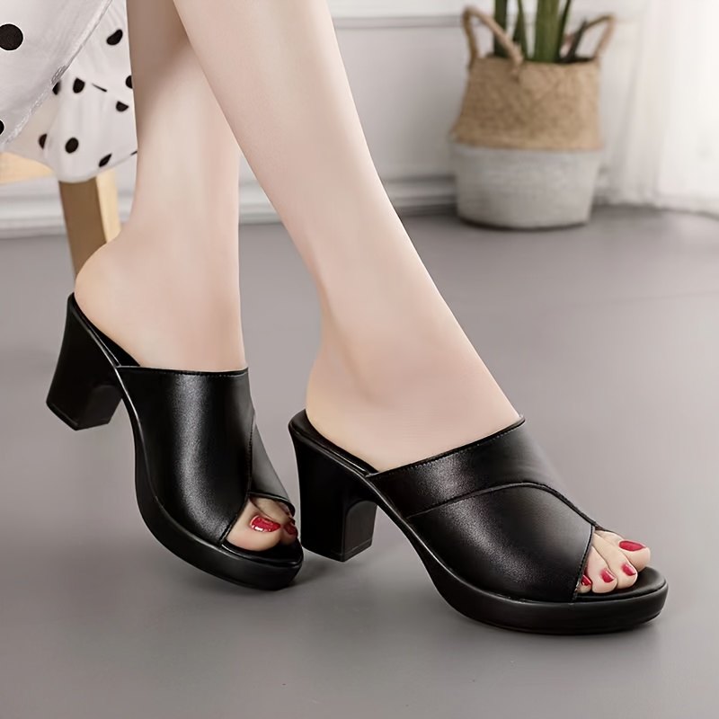 womens contrast color chunky heel sandals fashion open toe dress pumps stylish slip on heels details 5