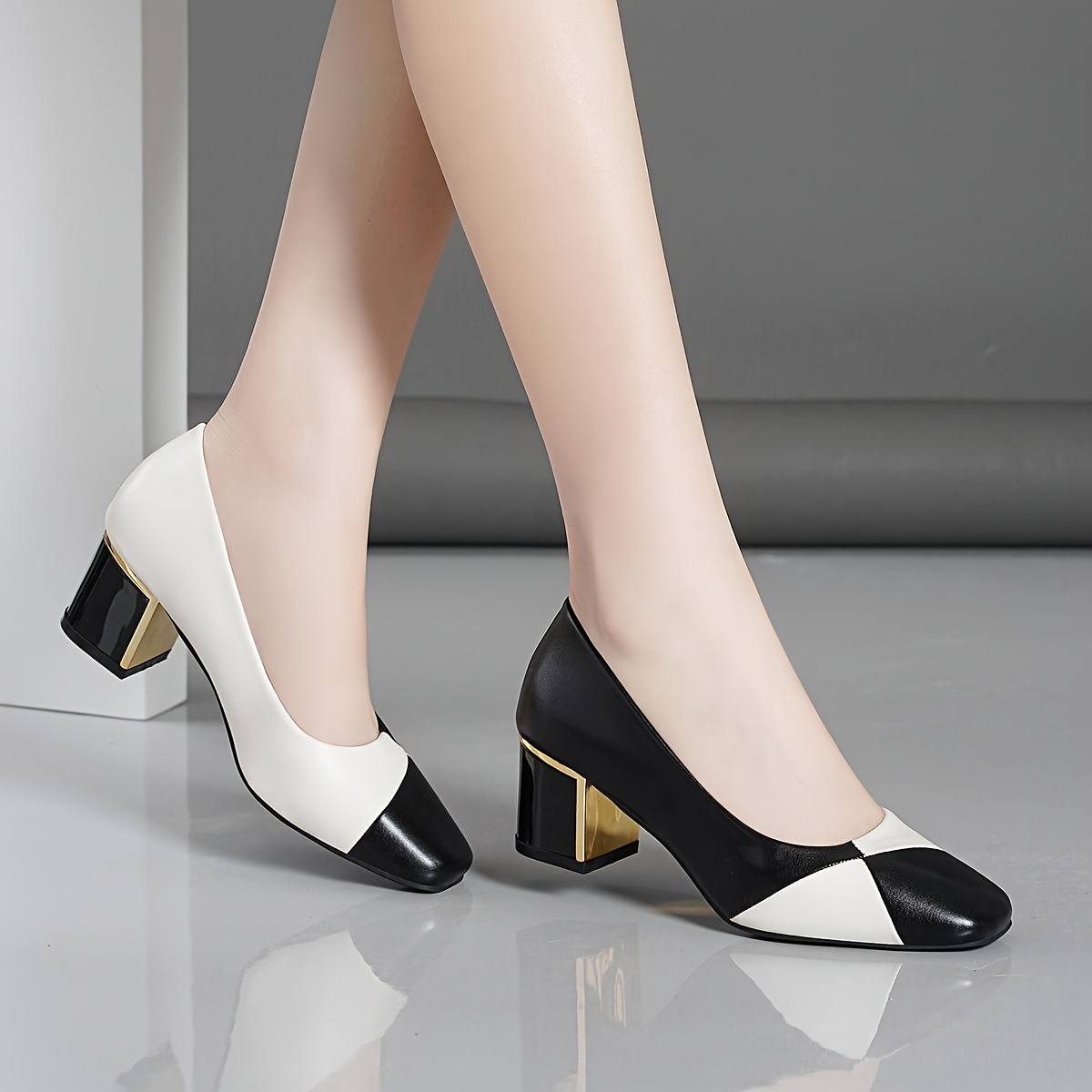 womens contrast color chunky heels elegant square toe dress pumps fashion slip on heels details 0