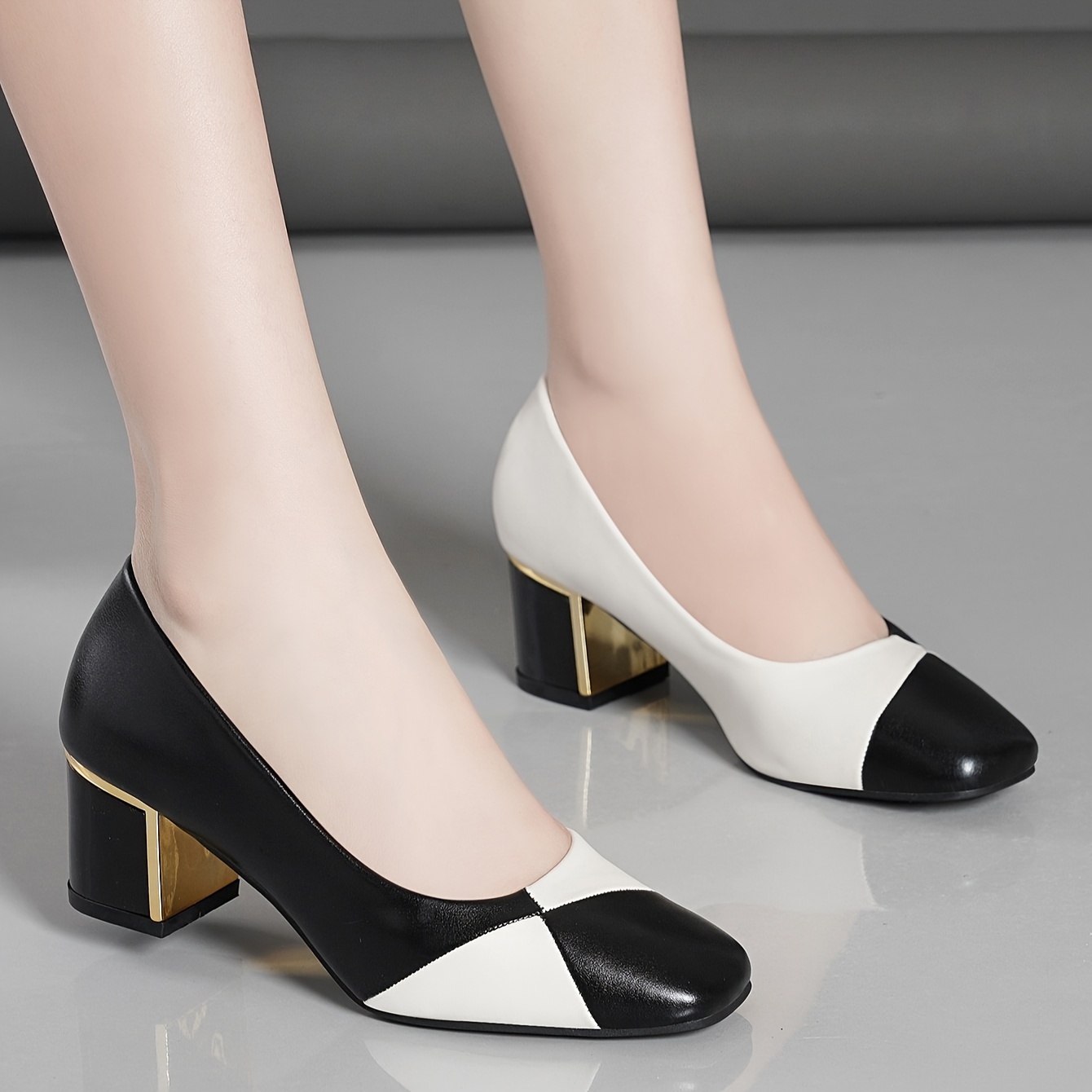 womens contrast color chunky heels elegant square toe dress pumps fashion slip on heels details 1