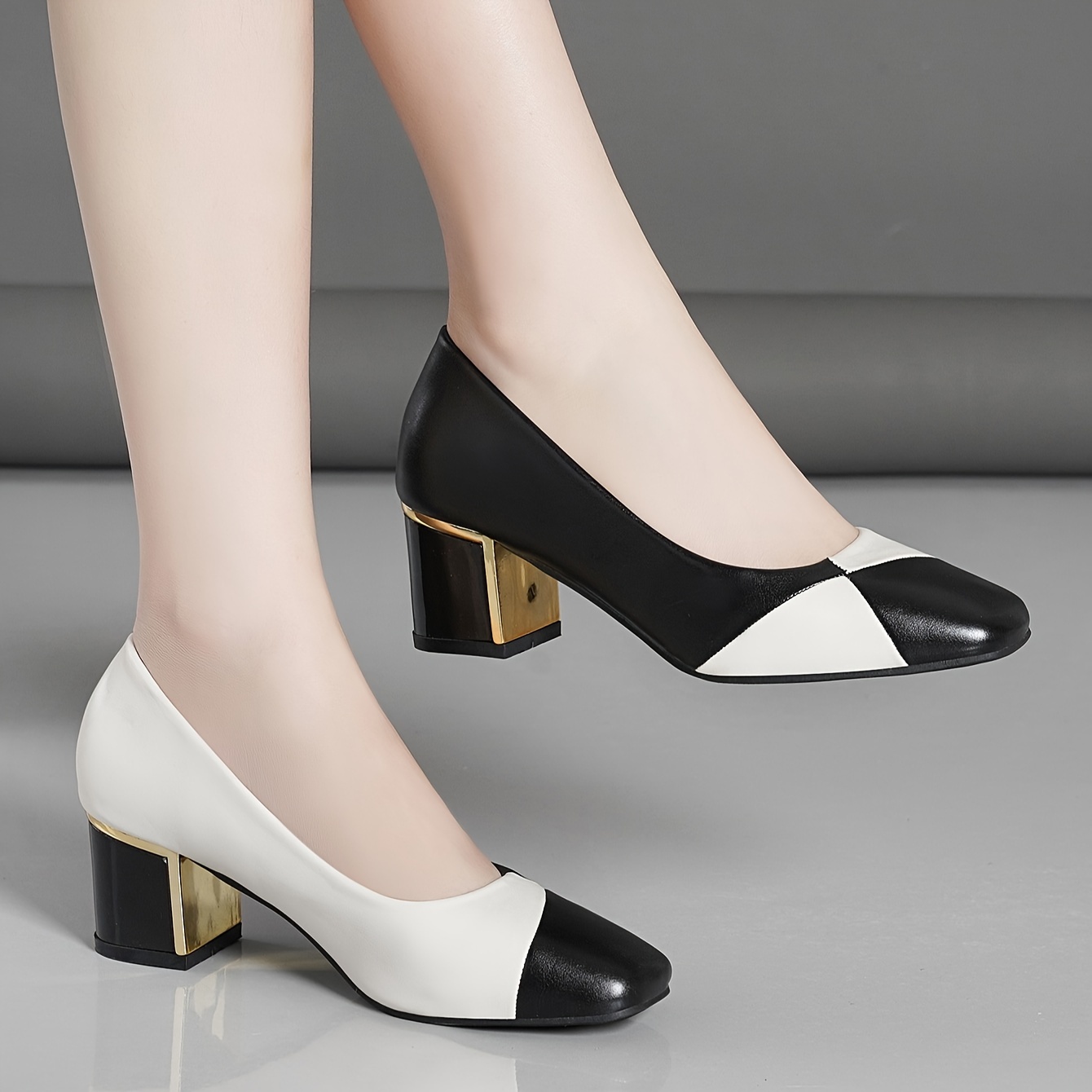 womens contrast color chunky heels elegant square toe dress pumps fashion slip on heels details 2