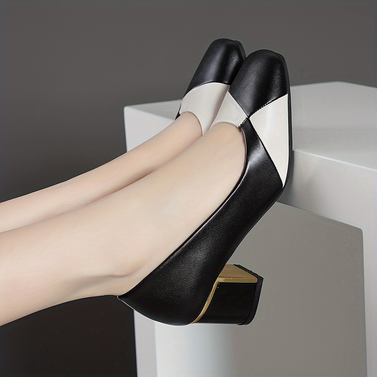 womens contrast color chunky heels elegant square toe dress pumps fashion slip on heels details 3