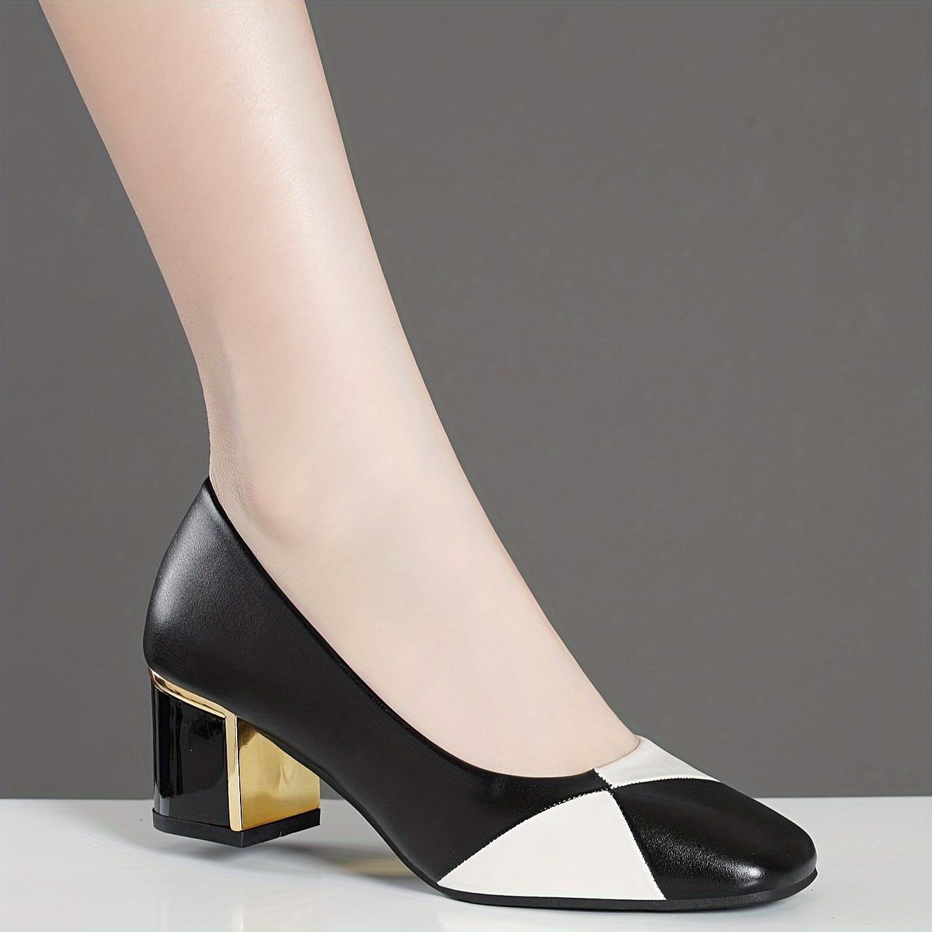 womens contrast color chunky heels elegant square toe dress pumps fashion slip on heels details 5