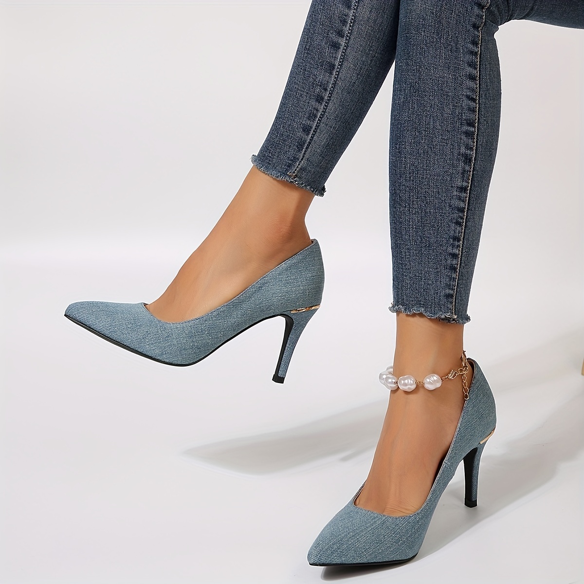 womens blue denim stiletto heels elegant point toe dress pumps fashion slip on heels details 0