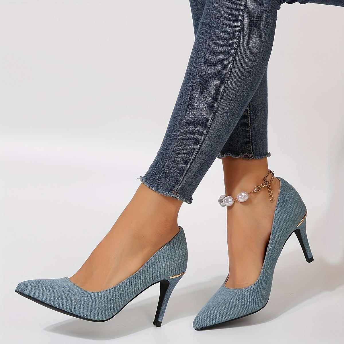 womens blue denim stiletto heels elegant point toe dress pumps fashion slip on heels details 1