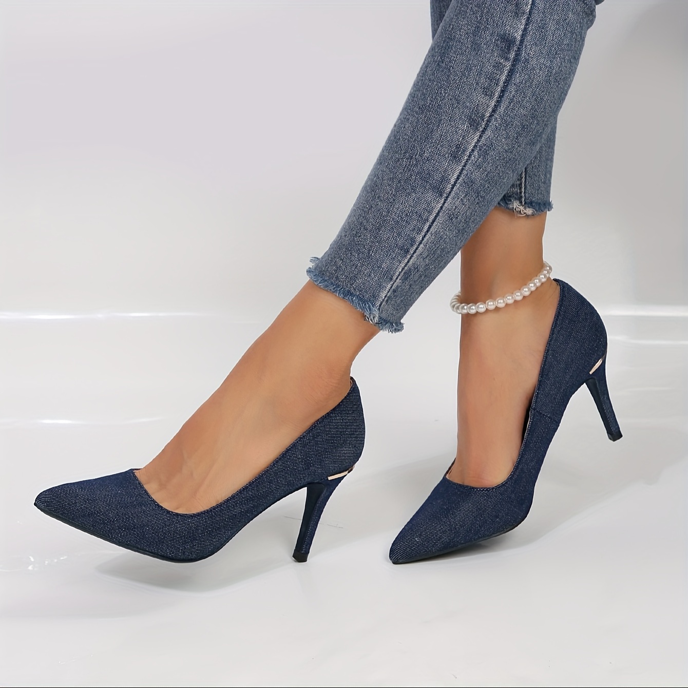 womens blue denim stiletto heels elegant point toe dress pumps fashion slip on heels details 4