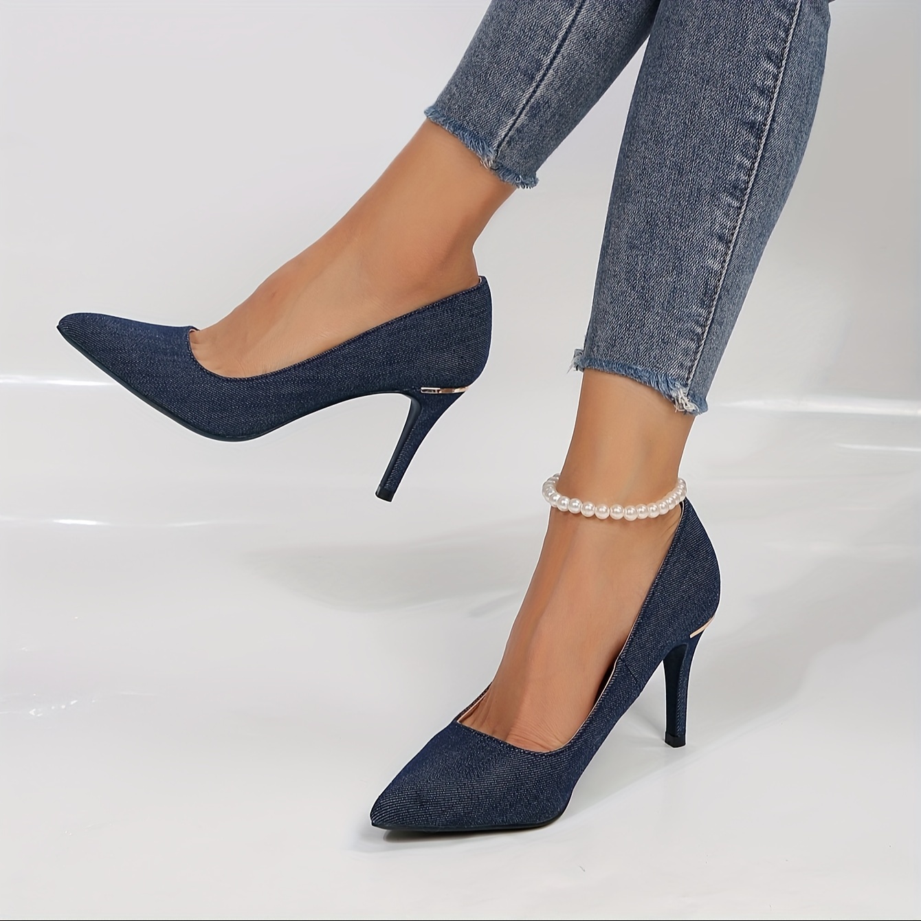 womens blue denim stiletto heels elegant point toe dress pumps fashion slip on heels details 5