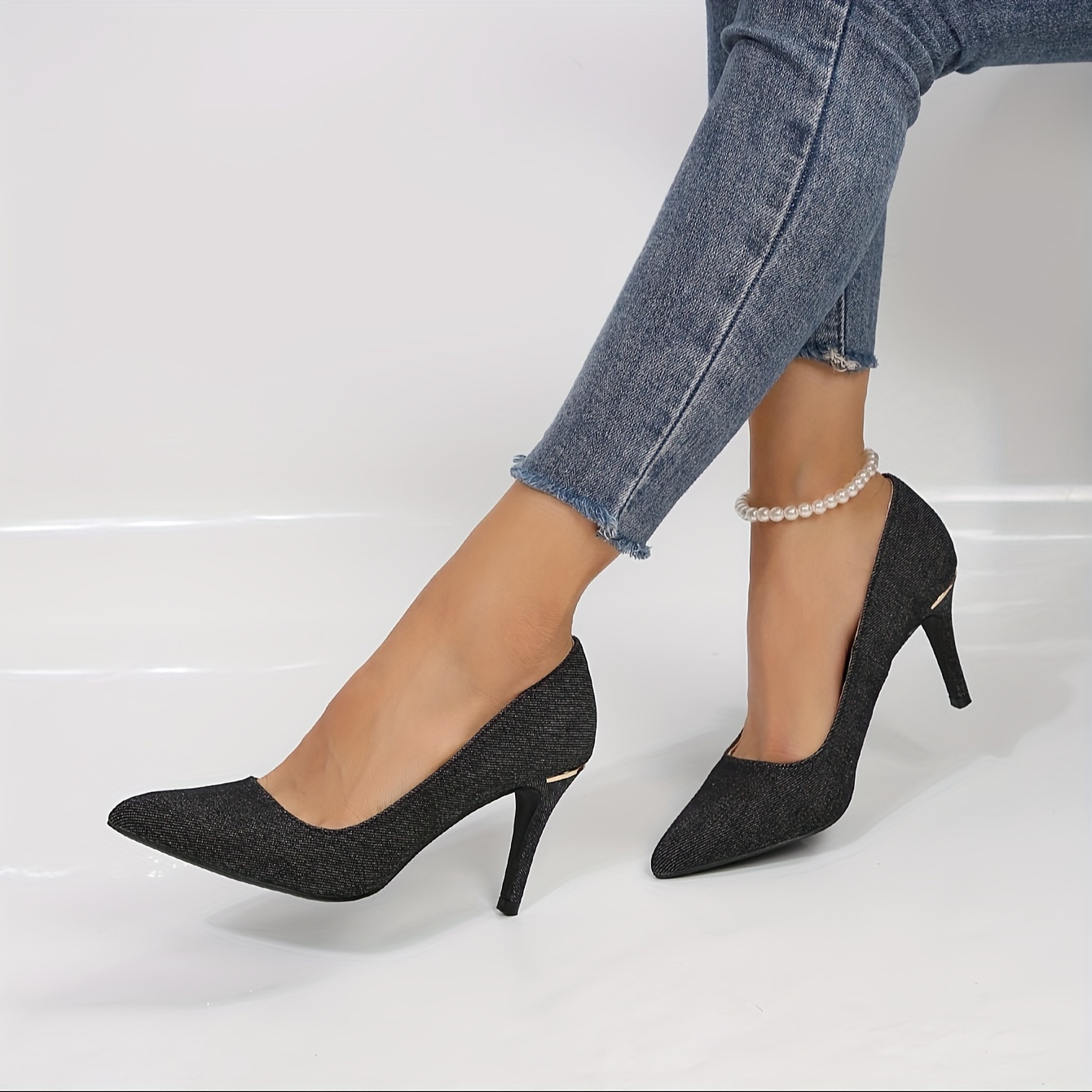 womens blue denim stiletto heels elegant point toe dress pumps fashion slip on heels details 6
