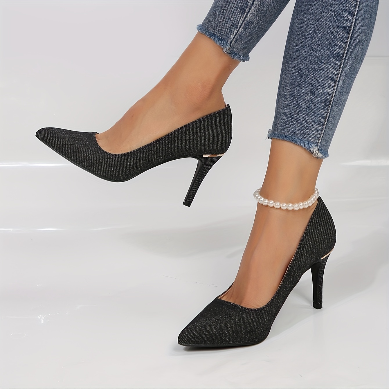 womens blue denim stiletto heels elegant point toe dress pumps fashion slip on heels details 7