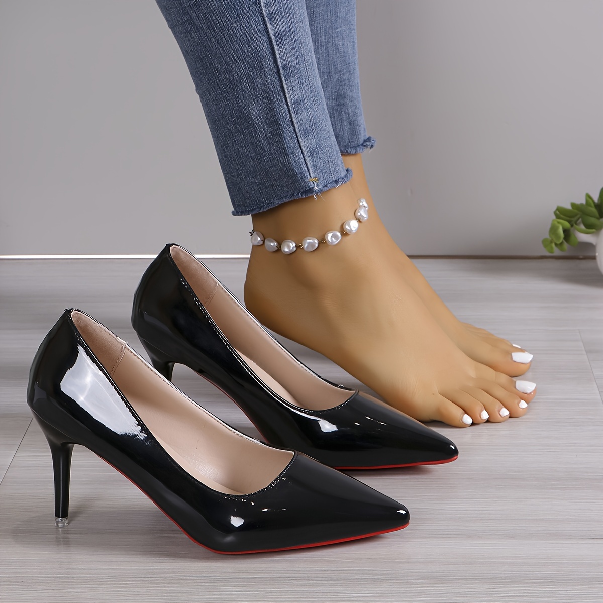 solid color shoes, womens solid color shoes shallow mouth casual slip on high heels point toe versatile party shoes details 3