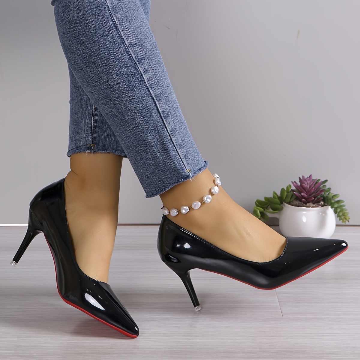 solid color shoes, womens solid color shoes shallow mouth casual slip on high heels point toe versatile party shoes details 4
