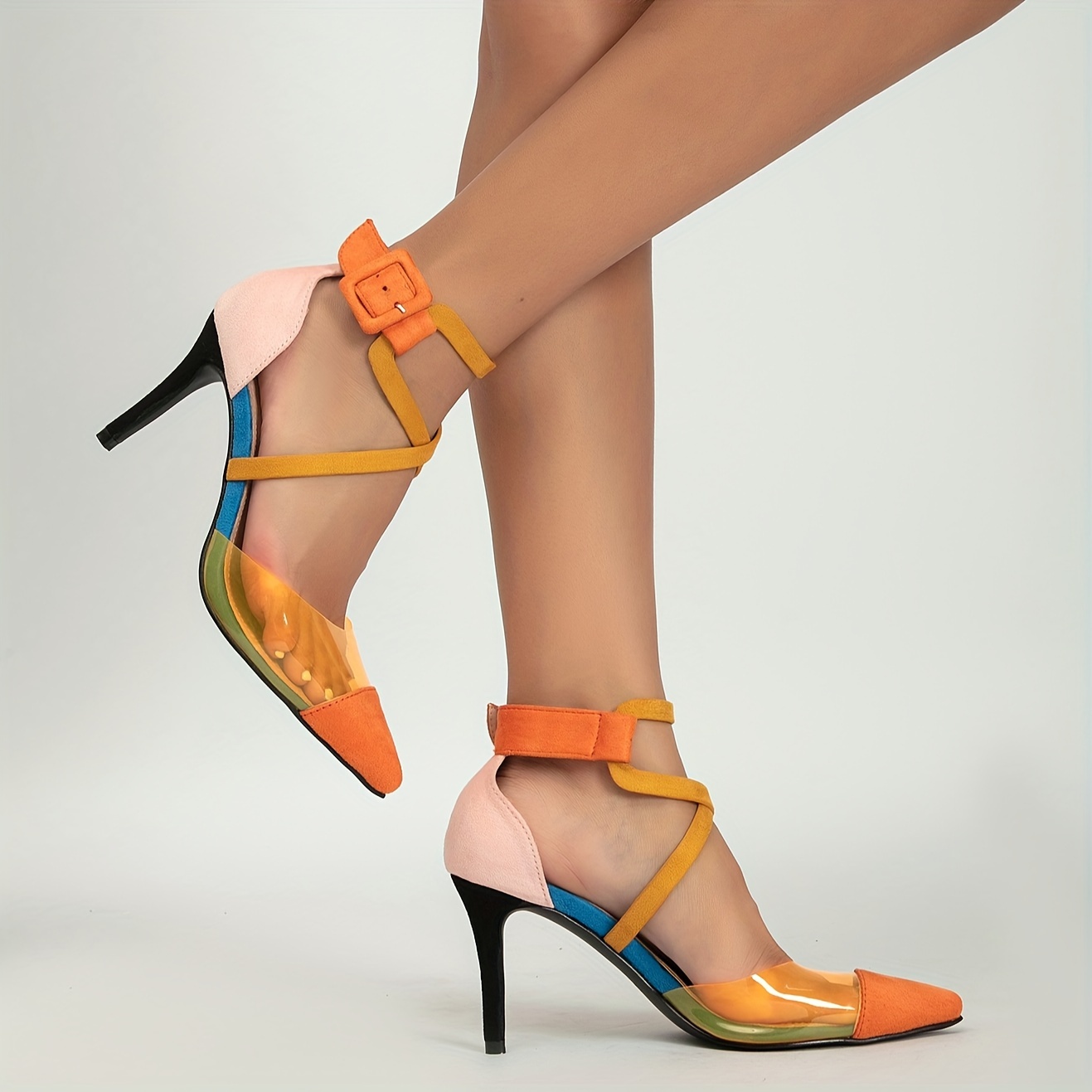 womens trendy colorblock stiletto heels elegant point toe dress pumps fashion buckle strap heels details 2