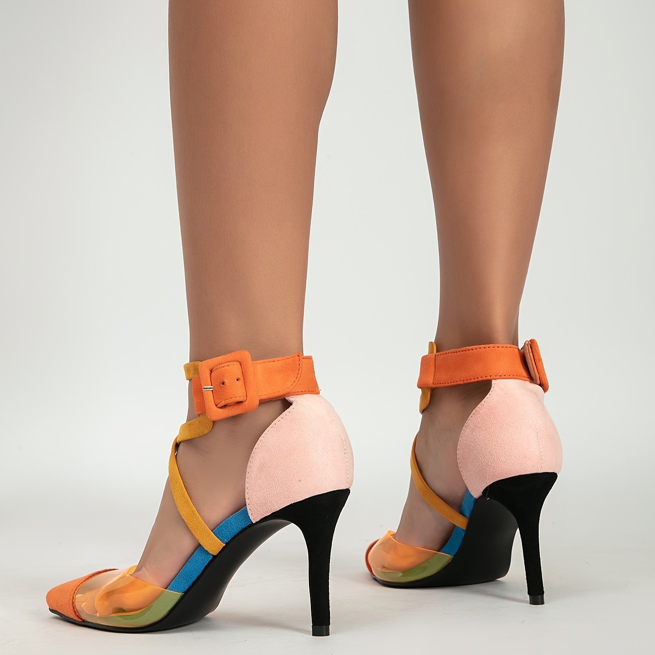 womens trendy colorblock stiletto heels elegant point toe dress pumps fashion buckle strap heels details 3