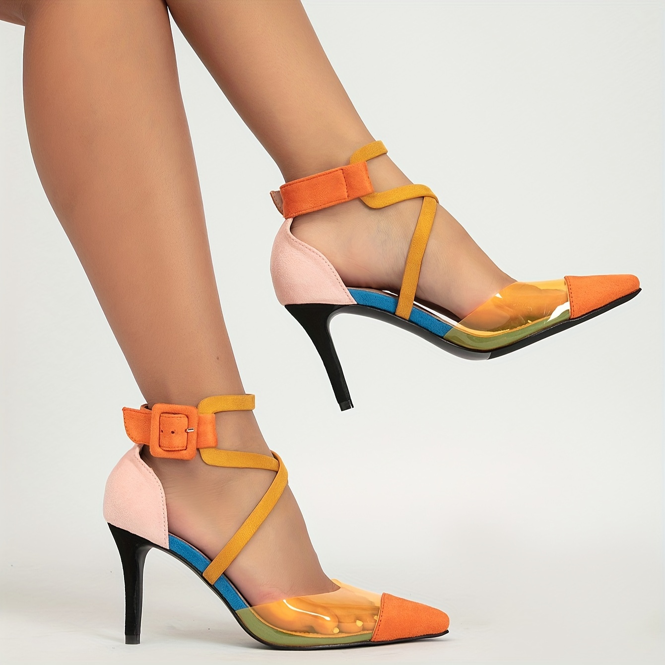 womens trendy colorblock stiletto heels elegant point toe dress pumps fashion buckle strap heels details 4