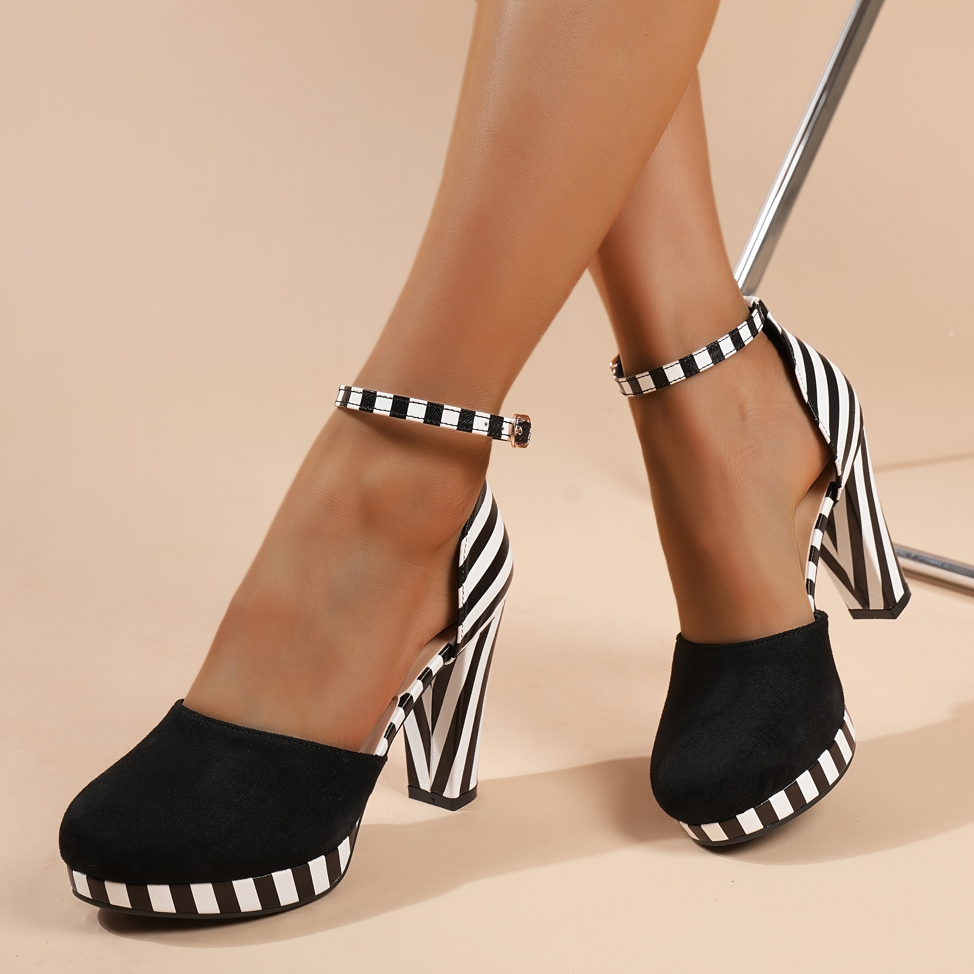 womens striped dorsay high heels fashion ankle strap platform sandals all match party dress shoes details 3