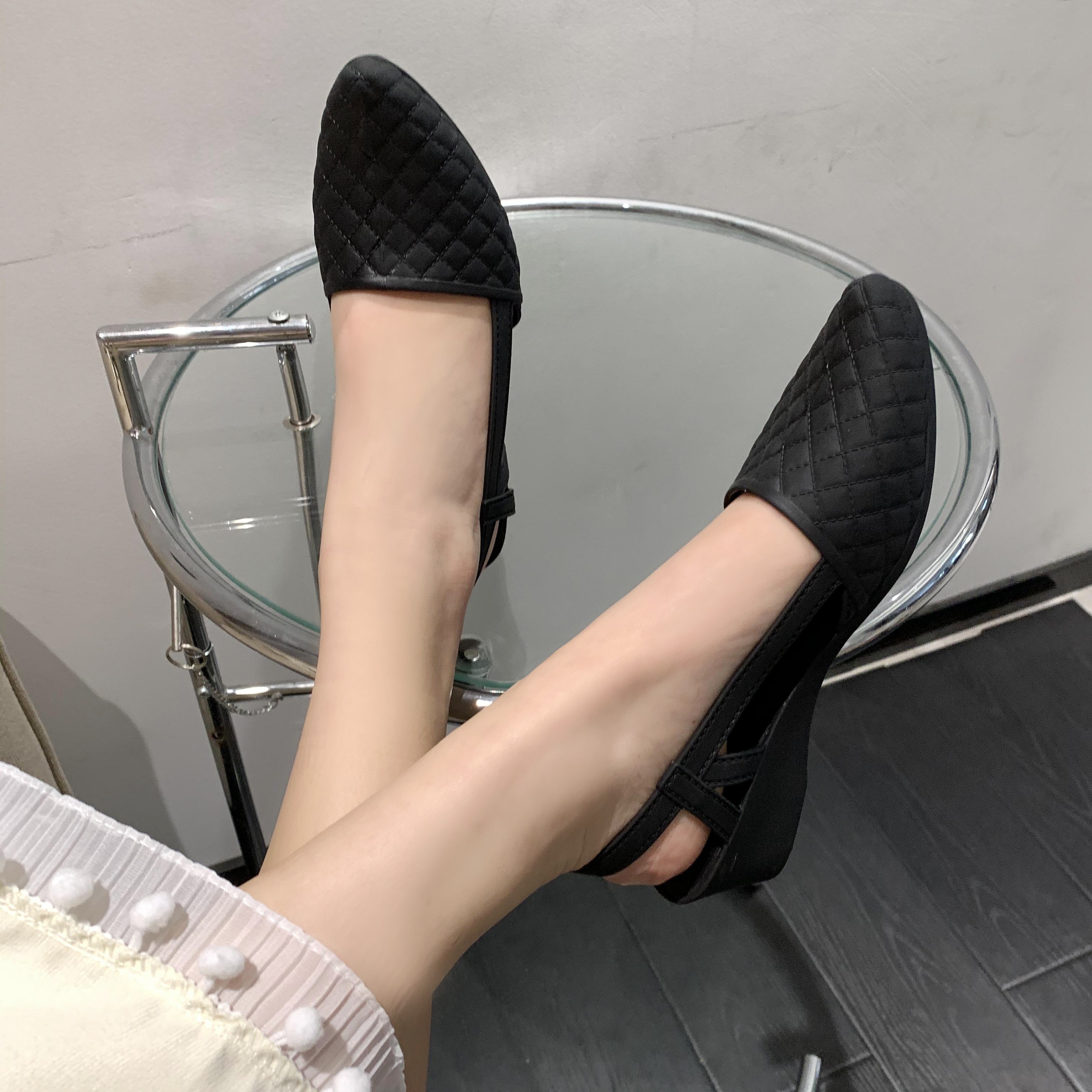 womens plaid pattern chunky heels casual solid color point toe shoes comfortable ankle strap jelly shoes details 6