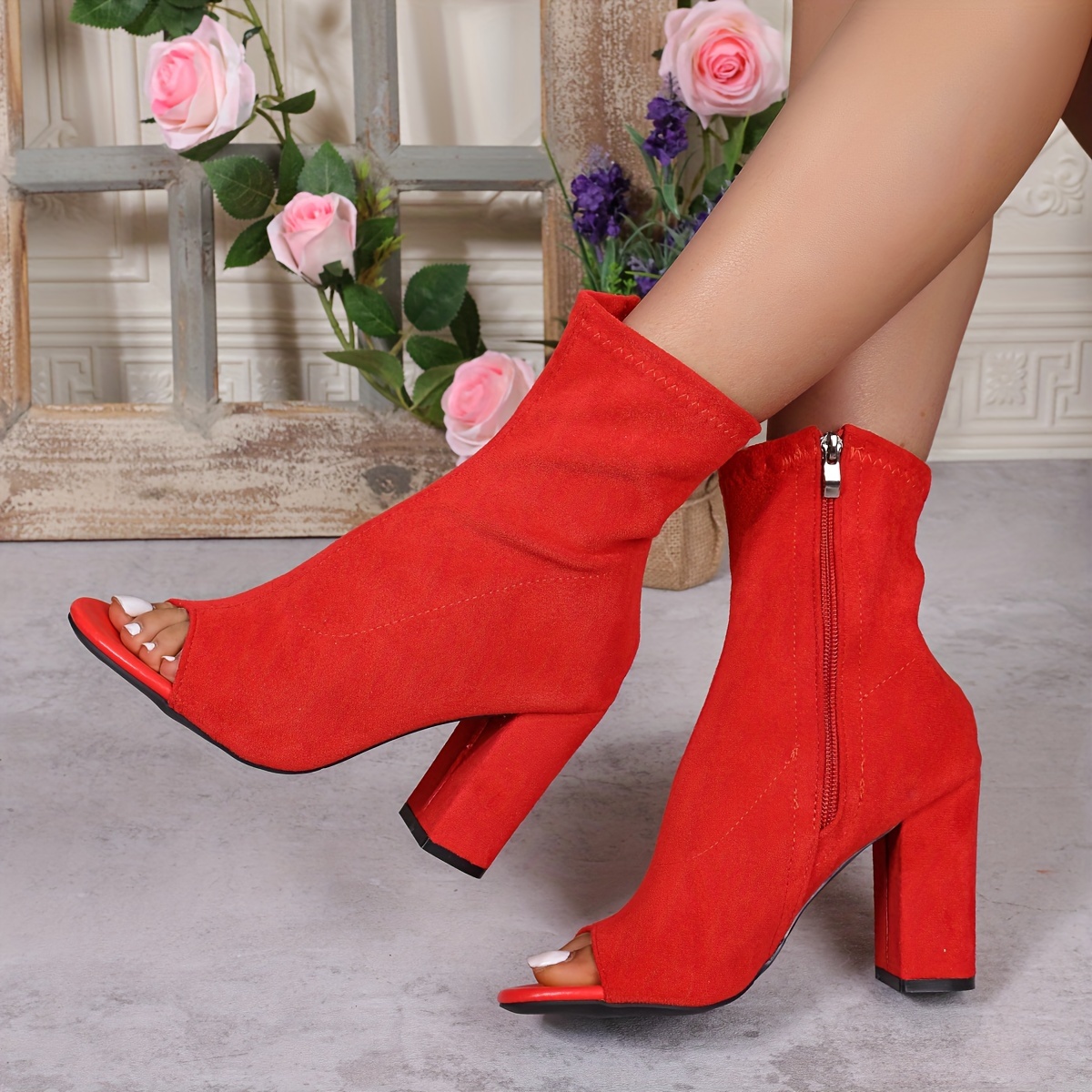 womens solid color trendy sandals side zipper casual block heel slim boots peep toe versatile shoes details 1