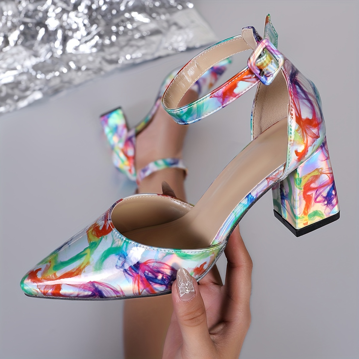 womens colorful chunky heels elegant point toe dress pumps fashion buckle strap party heels carnaval details 0