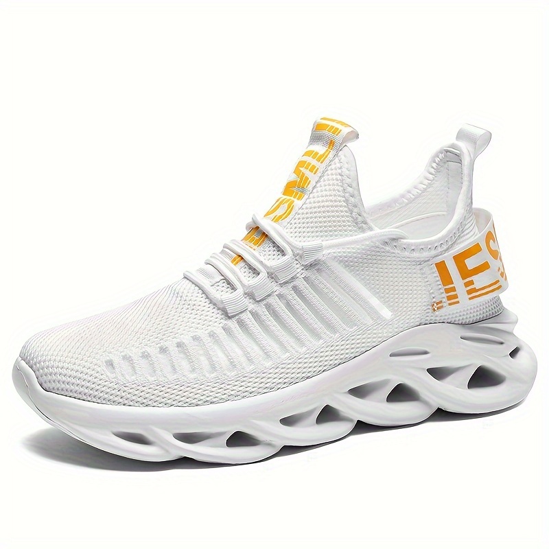 mens trendy woven knit breathable blade type sneakers comfy non slip soft sole lace up shoes for mens outdoor activities details 1