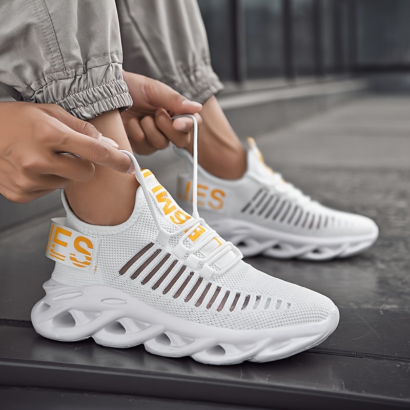 mens trendy woven knit breathable blade type sneakers comfy non slip soft sole lace up shoes for mens outdoor activities details 2