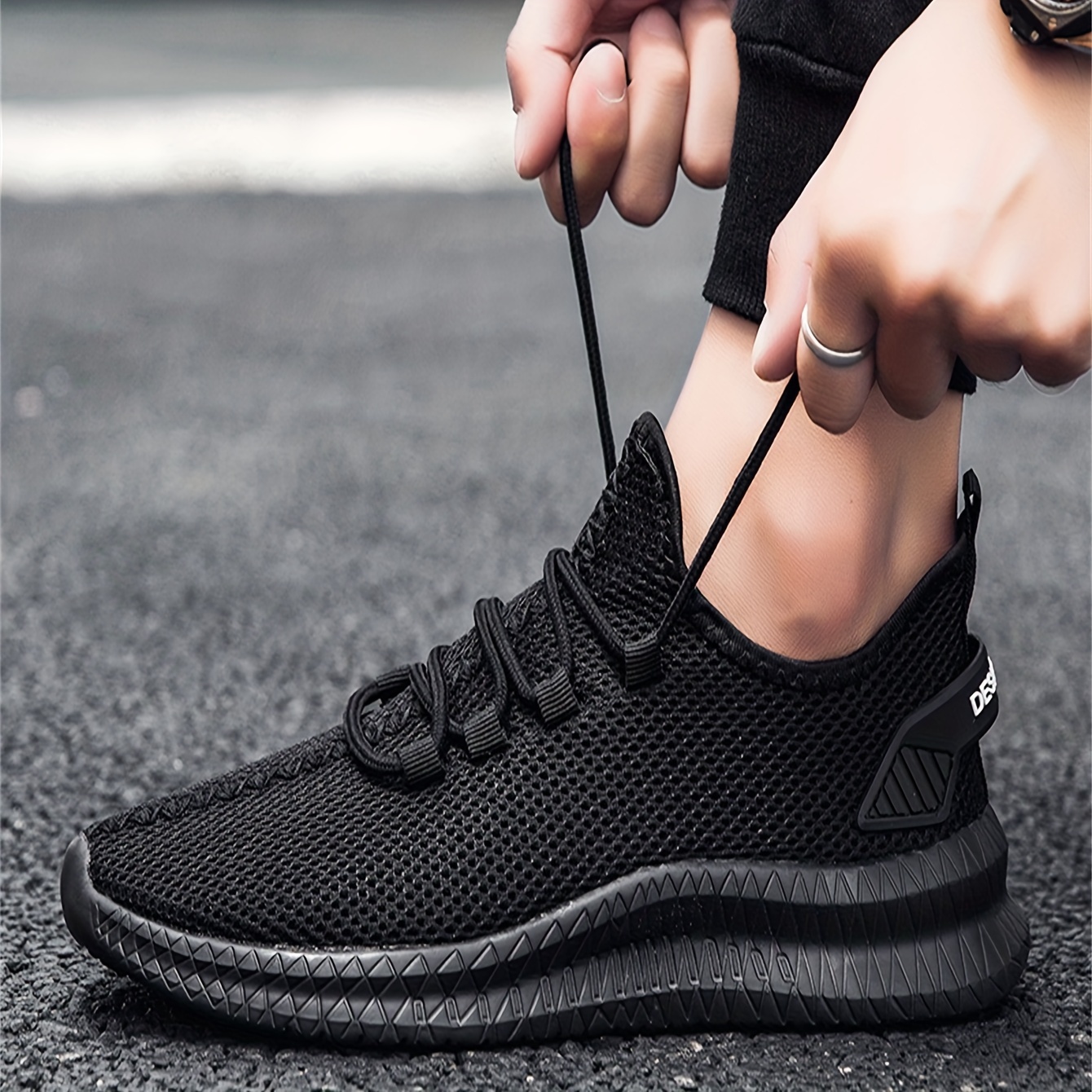 mens trendy woven knit breathable sneakers comfy non slip lace up shoes for mens outdoor activities details 2