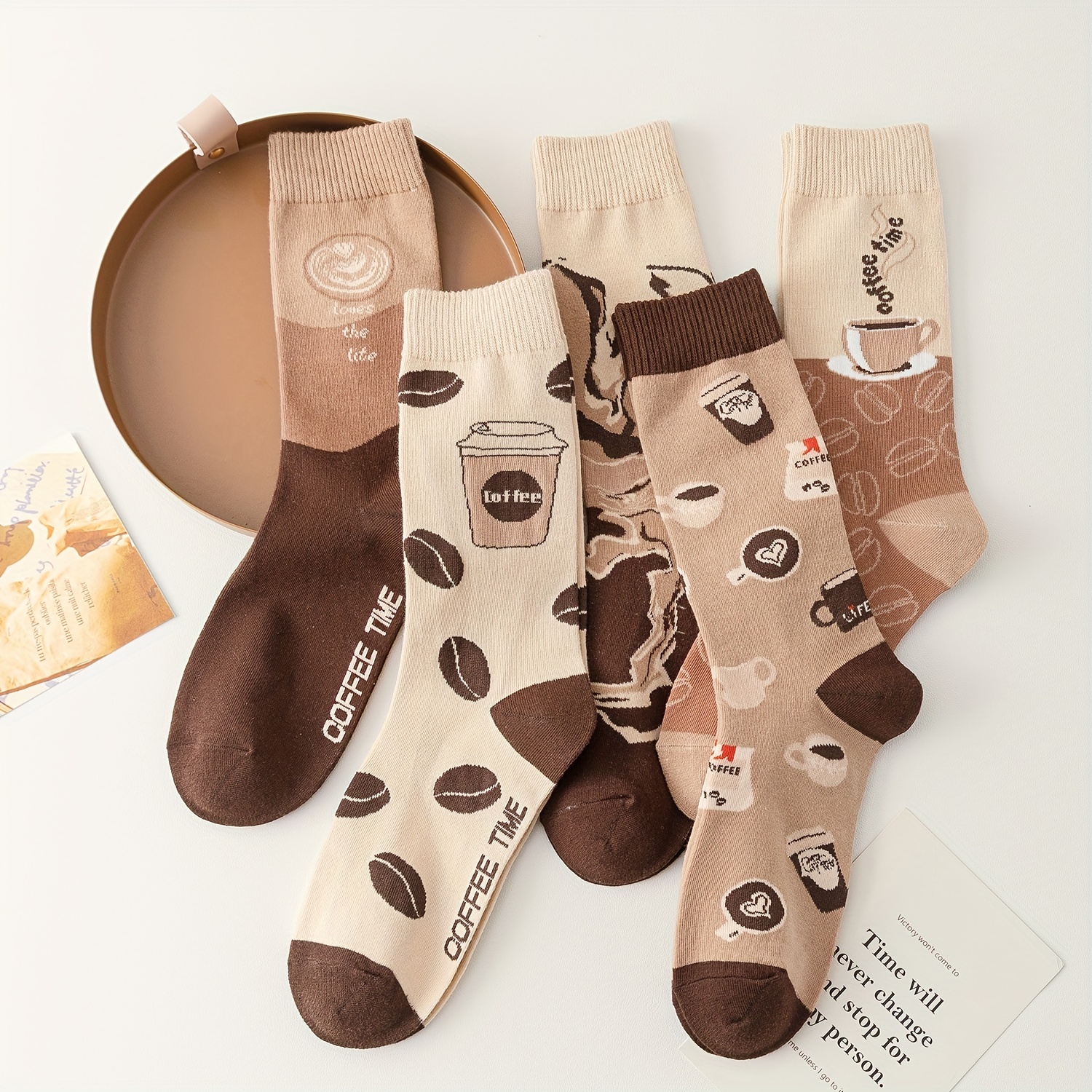 5 pairs coffee print socks comfy breathable mid tube socks womens stockings hosiery details 0
