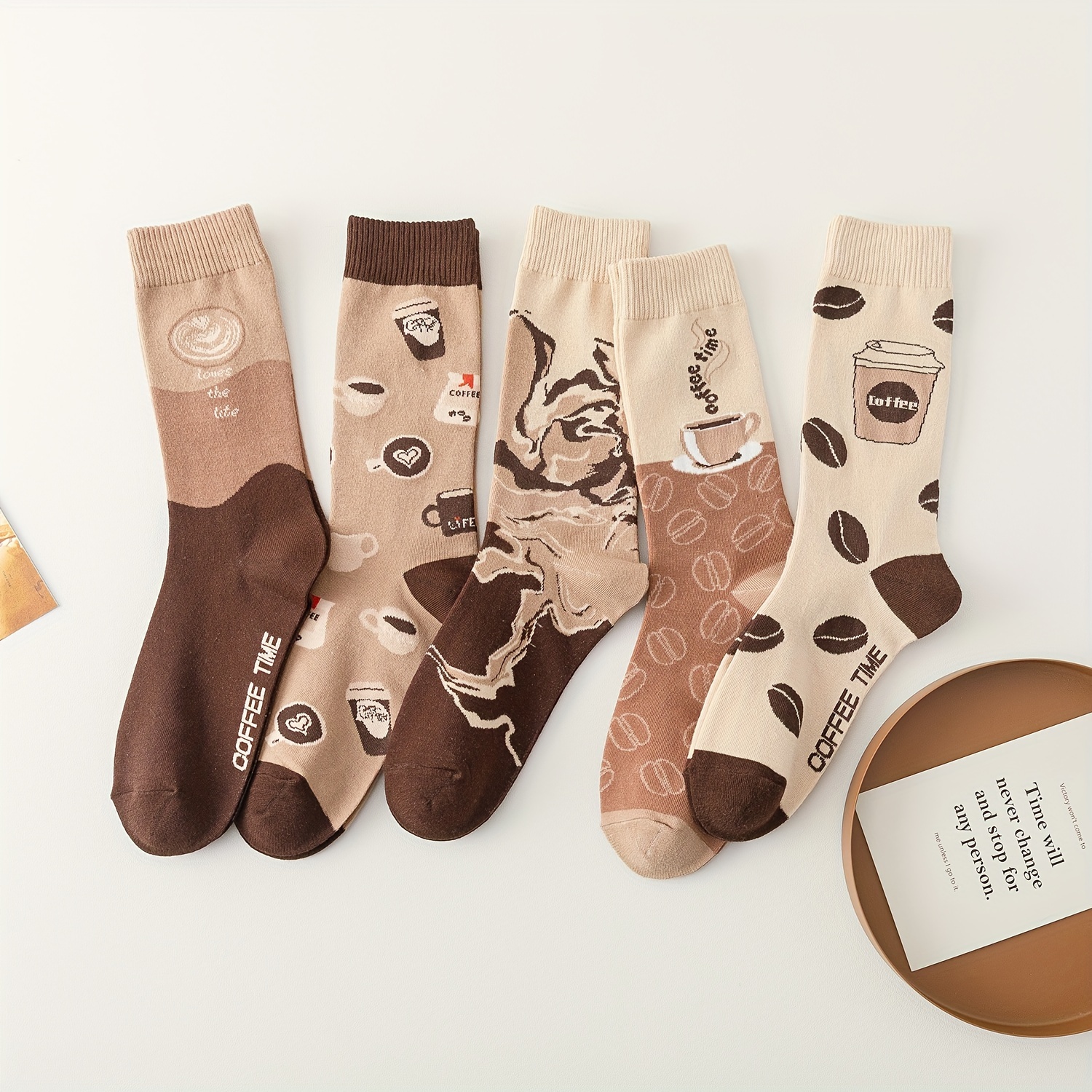 5 pairs coffee print socks comfy breathable mid tube socks womens stockings hosiery details 1