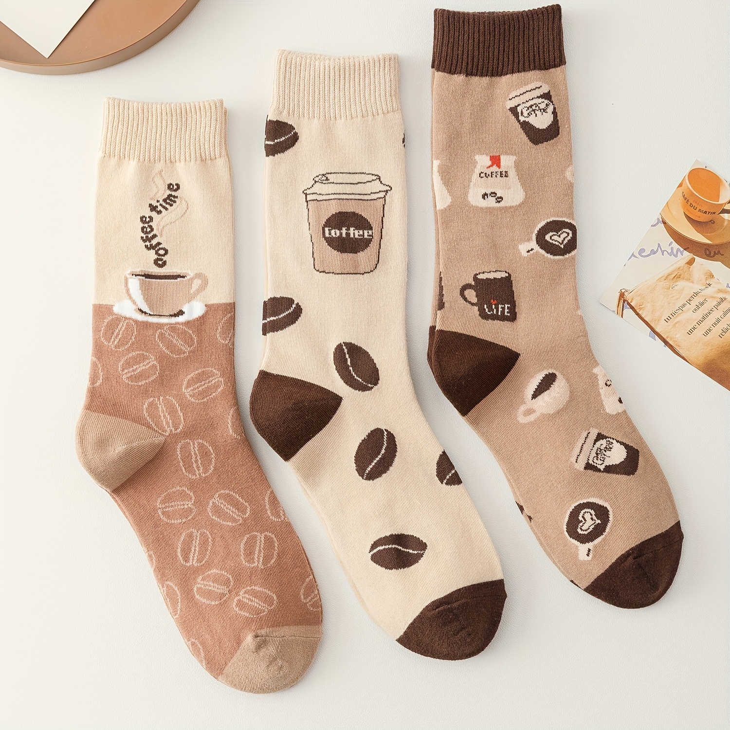 5 pairs coffee print socks comfy breathable mid tube socks womens stockings hosiery details 2