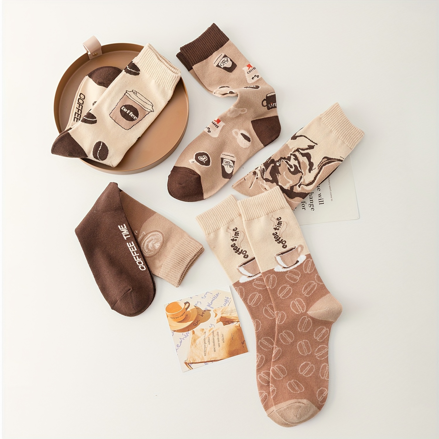 5 pairs coffee print socks comfy breathable mid tube socks womens stockings hosiery details 3