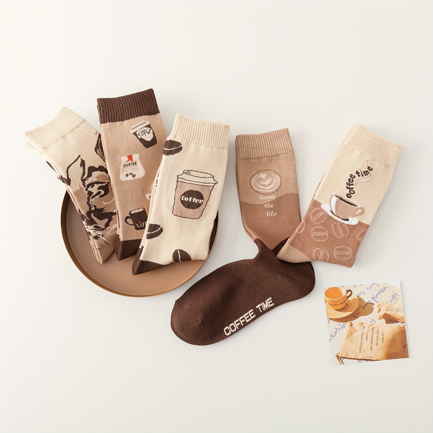 5 pairs coffee print socks comfy breathable mid tube socks womens stockings hosiery details 5