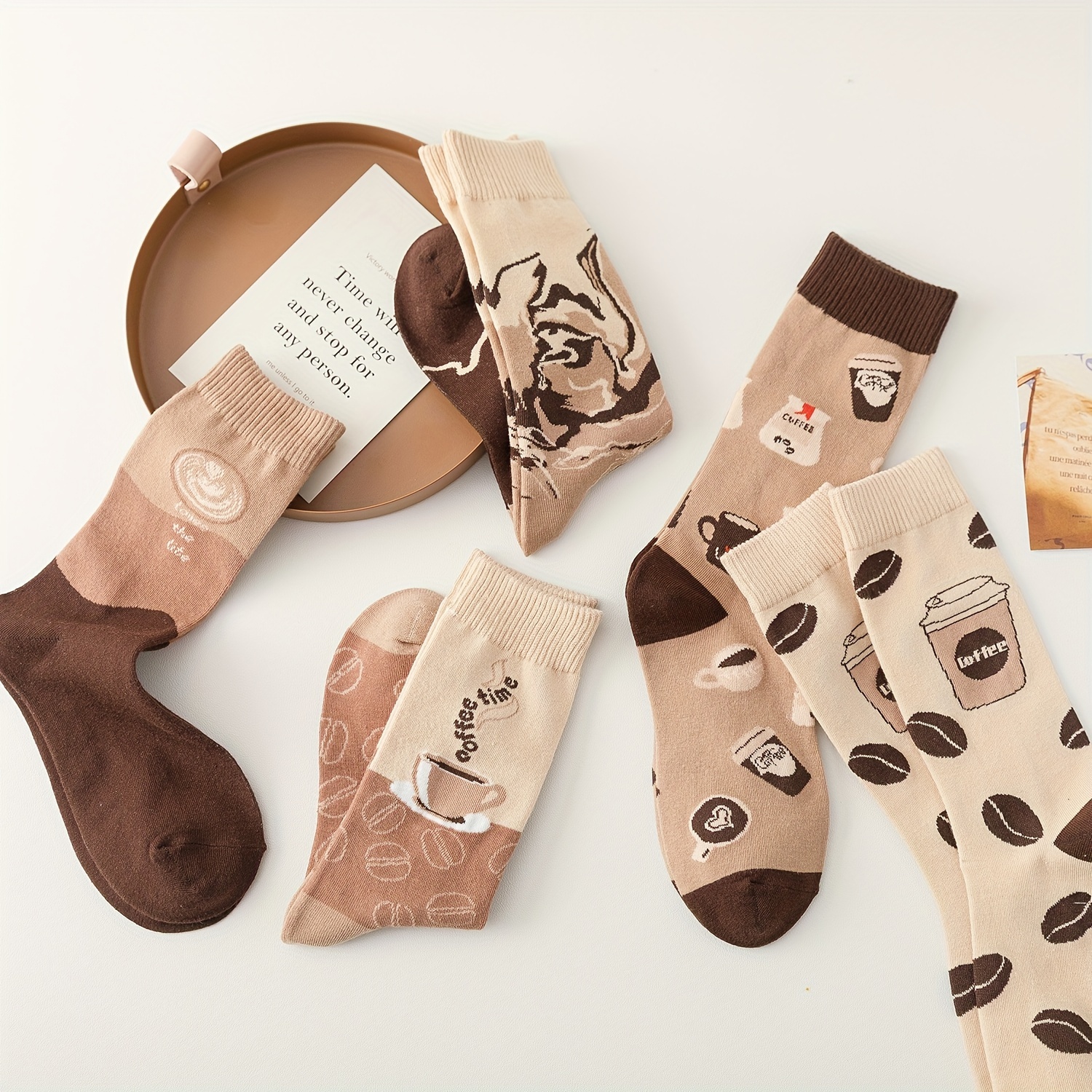 5 pairs coffee print socks comfy breathable mid tube socks womens stockings hosiery details 6