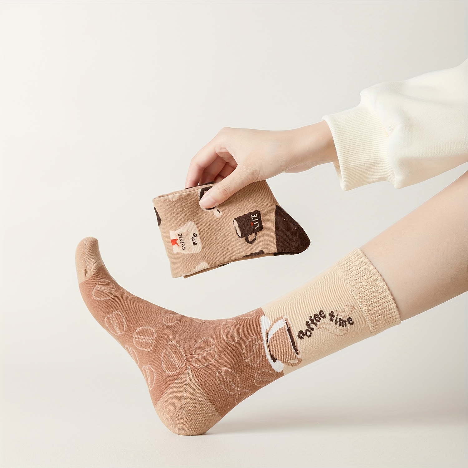5 pairs coffee print socks comfy breathable mid tube socks womens stockings hosiery details 14