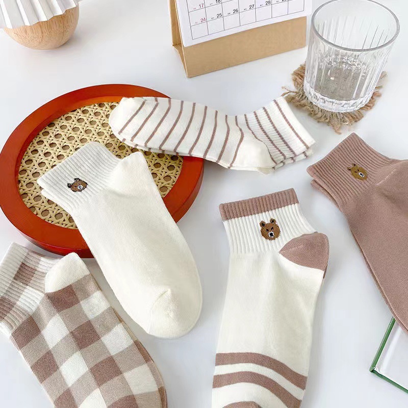 5 pairs ankle socks cute soft teddy bear cotton socks womens stockings hosiery details 3