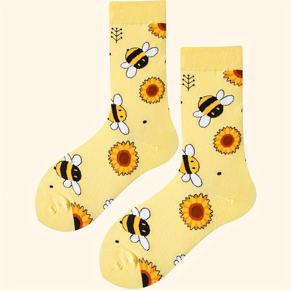 music festival cartoon bee print socks comfy cute mid tube socks womens stockings hosiery details 0