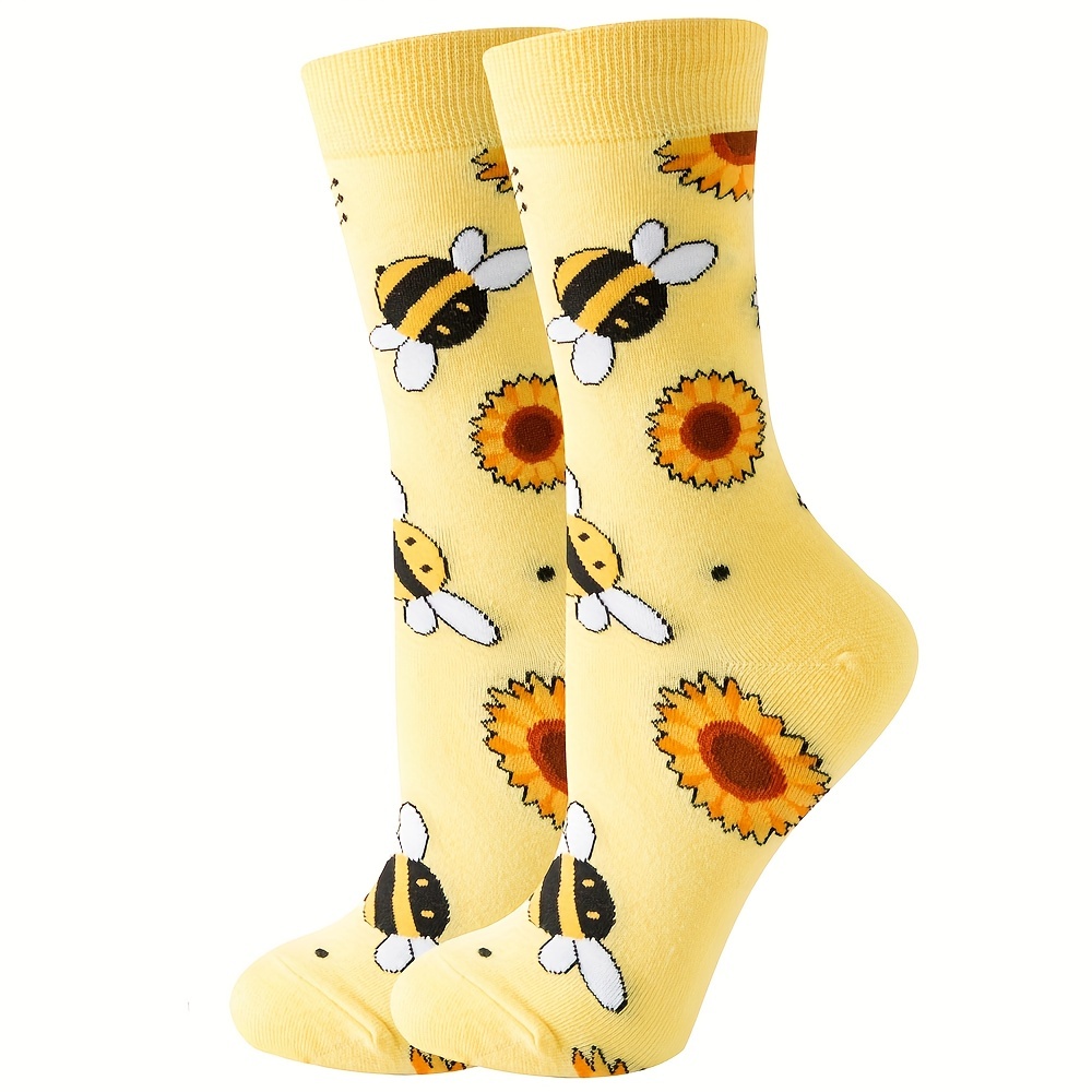 music festival cartoon bee print socks comfy cute mid tube socks womens stockings hosiery details 1