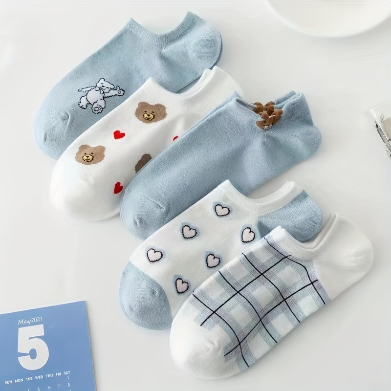 5 pairs cute bear heart print socks breathable comfy low cut ankle socks womens stockings hosiery details 0