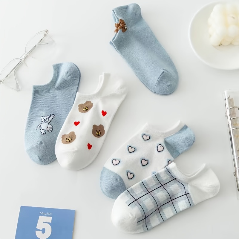 5 pairs cute bear heart print socks breathable comfy low cut ankle socks womens stockings hosiery details 1