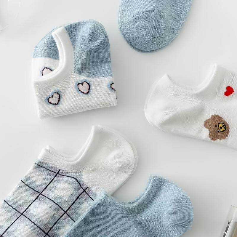 5 pairs cute bear heart print socks breathable comfy low cut ankle socks womens stockings hosiery details 2